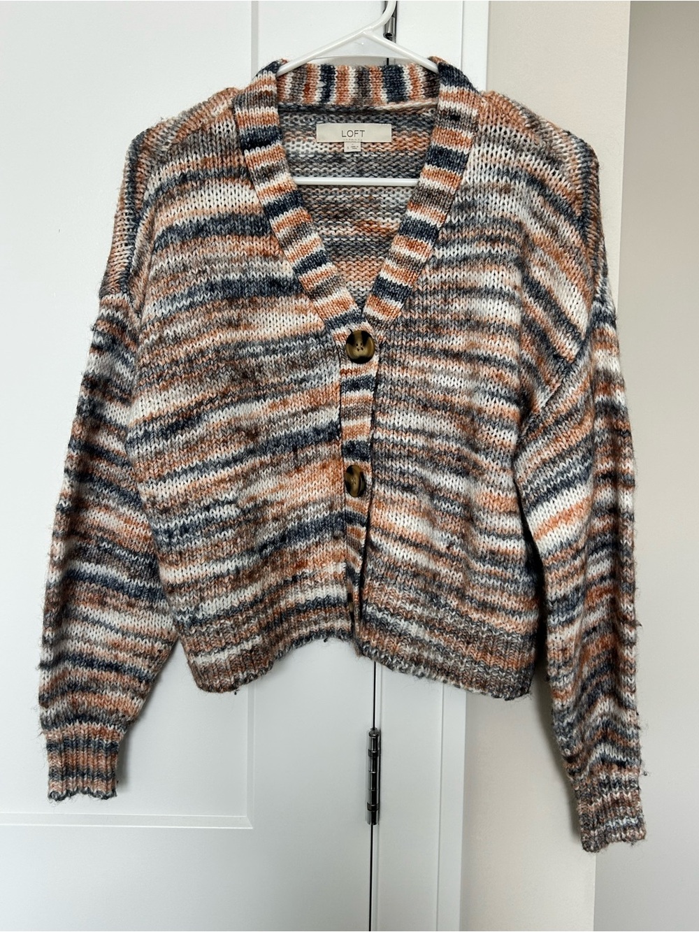 LOFT Striped Knit Button-Front Sweater Cardigan in Multi-Color